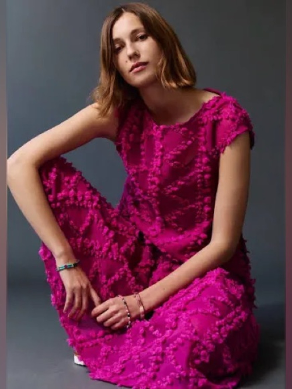 Anthropologie Fuchsia Pom-Pom Textured Midi Dress